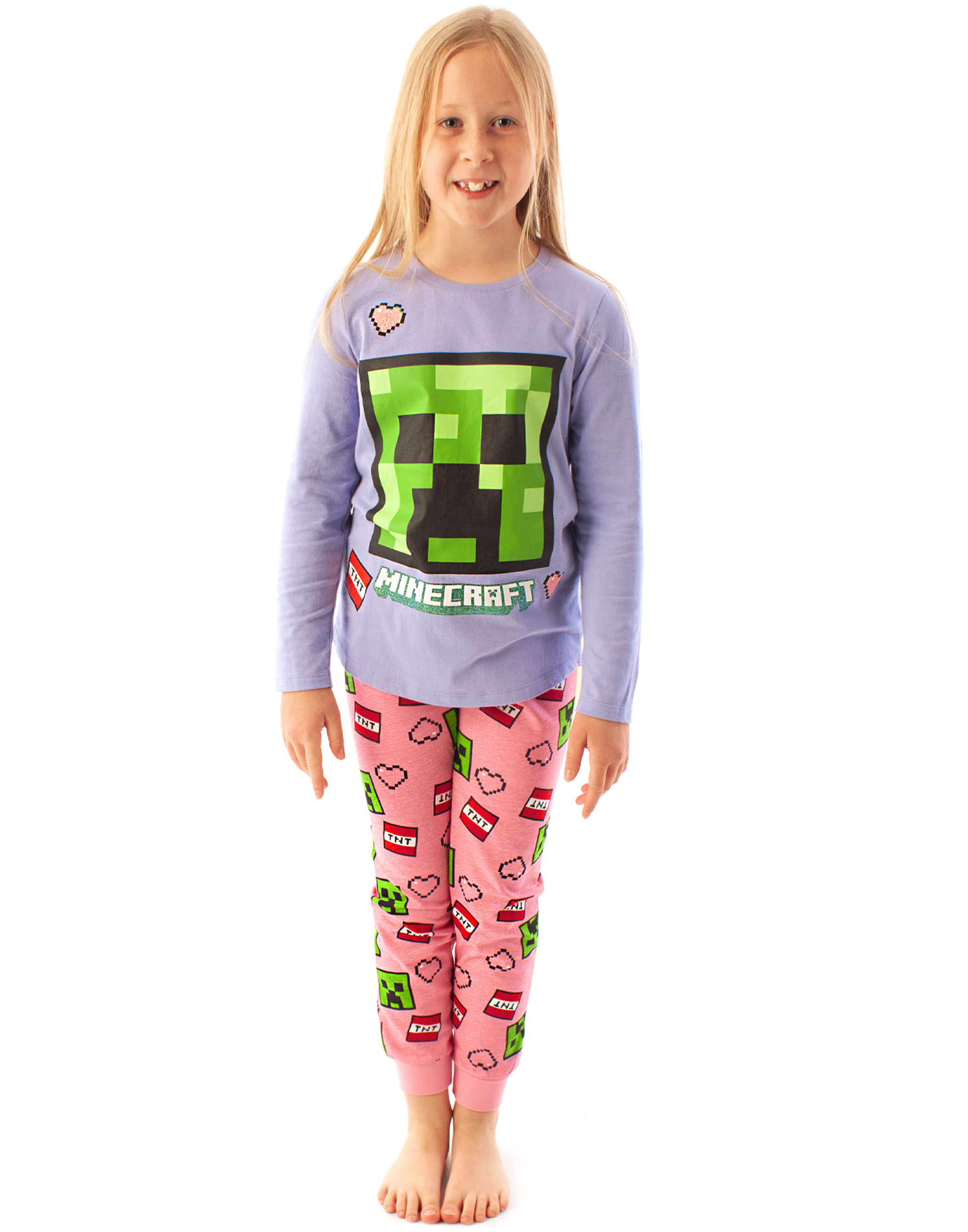 MINECRAFT PYJAMAS CREEPER Face TNT Glitter Girls Gaming Pink Purple PJs